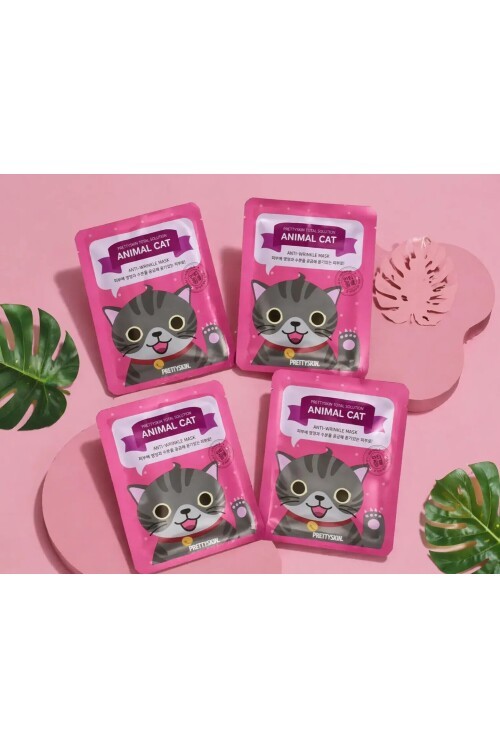 PS PRETTYSKIN Animal Cat Anti-Wrinkle Mask 25 gr | Kırışıklık Karşıtı Nemlendirici Kağıt Yüz Maskesi 4lü Set