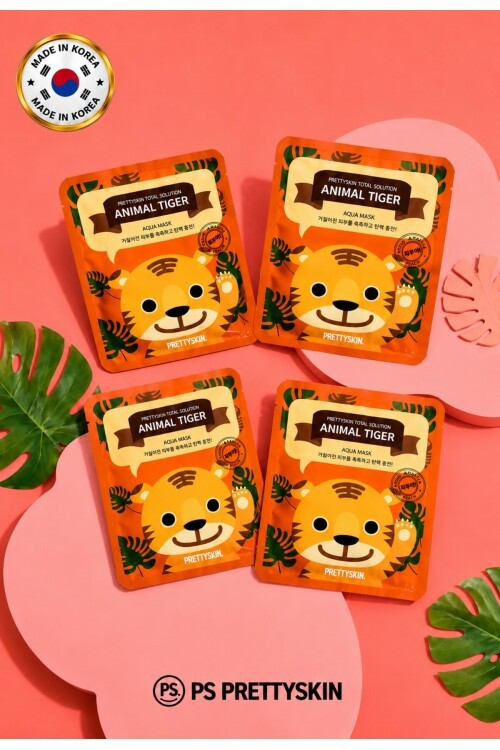 PS PRETTYSKIN Animal Tiger Aqua Mask 25gr | Nemlendirici Kaplan Desenli Kağıt Yüz Maskesi 4lü Set