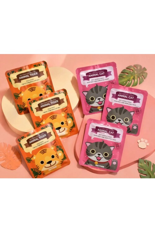 PS PRETTYSKIN Animal Tiger Aqua Mask & Animal Cat Anti-Wrinkle Mask 6lı Set 25g