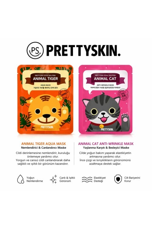 PS PRETTYSKIN Animal Tiger Aqua Mask & Animal Cat Anti-Wrinkle Mask 6lı Set 25g