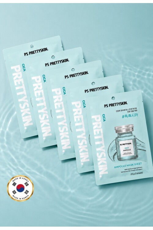 PS PRETTYSKIN Cica Ampoule Mask Sheet 23g | Cilt Yatıştırıcı Nemlendirici Kağıt Yüz Maskesi 5li Set