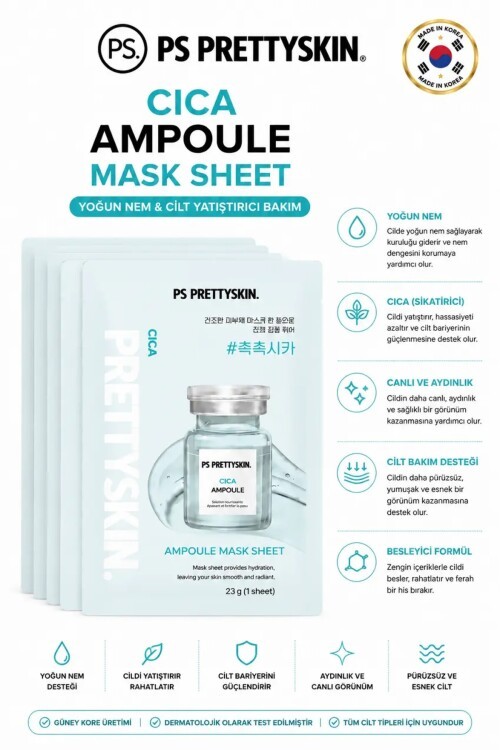 PS PRETTYSKIN Cica Ampoule Mask Sheet 23g | Cilt Yatıştırıcı Nemlendirici Kağıt Yüz Maskesi 5li Set
