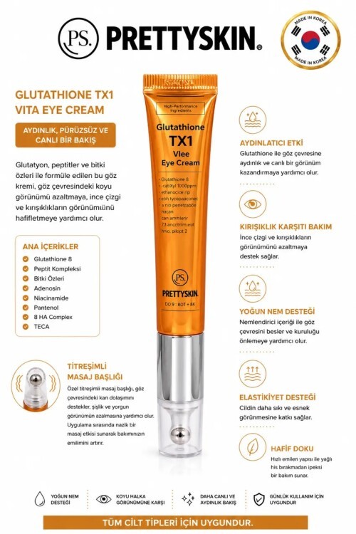 PS PRETTYSKIN Glutathione TX1 Vita Eye Cream 20 g | Soğutucu Titreşimli Aplikatör Aydınlatıcı ve Kırışıklık Karşıtı Göz Çevresi Kremi