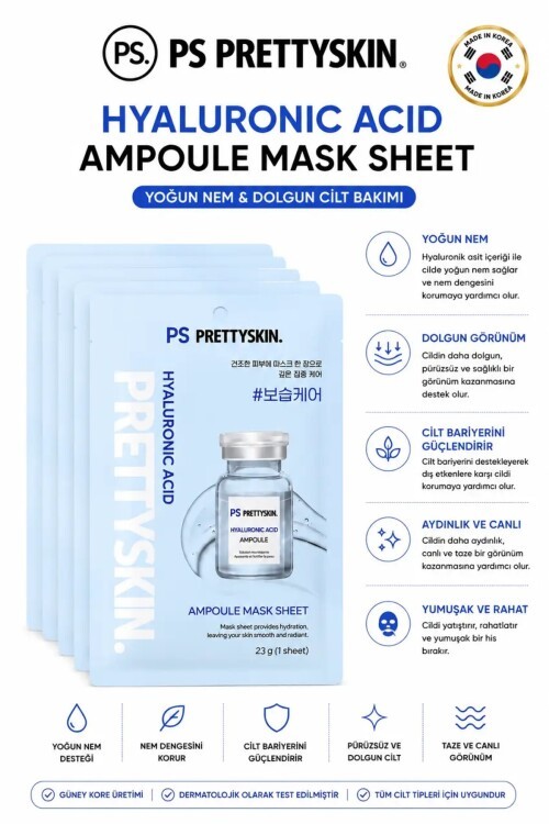 PS PRETTYSKIN Hyaluronic Acid Ampoule Mask Sheet 23g | Yoğun Nemlendirici Kağıt Yüz Maskesi 5li Set