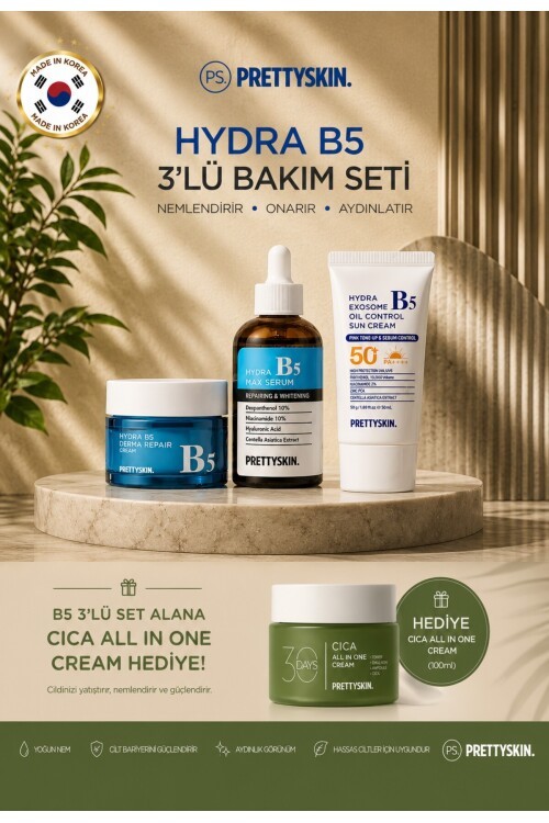 PS PRETTYSKIN Hydra B5 Derma Repair Cream & B5 Max Serum & B5 Oil Control Sun Cream SPF50+