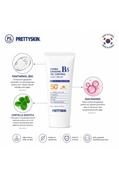 PS PRETTYSKIN Hydra Exosome B5 Oil Control Sun Cream SPF50+ PA++++ 50 ml | Karma Ciltler İçin Sebum Dengeleyici Güneş Kremi