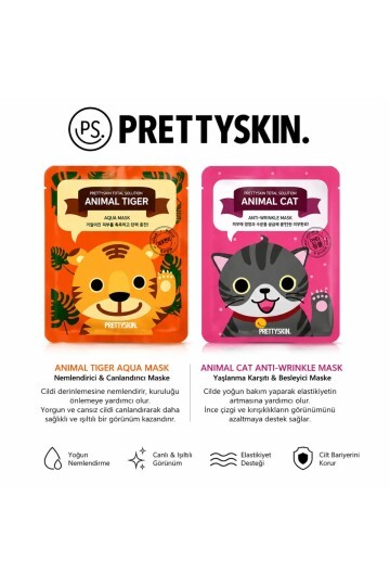 PS PRETTYSKIN Animal Tiger Aqua Mask & Animal Cat Anti-Wrinkle Mask 6lı Set 25g