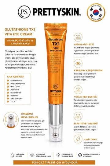 PS PRETTYSKIN Glutathione TX1 Vita Eye Cream 20 g | Soğutucu Titreşimli Aplikatör Aydınlatıcı ve Kırışıklık Karşıtı Göz Çevresi Kremi