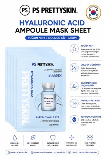 PS PRETTYSKIN Hyaluronic Acid Ampoule Mask Sheet 23g | Yoğun Nemlendirici Kağıt Yüz Maskesi 5li Set