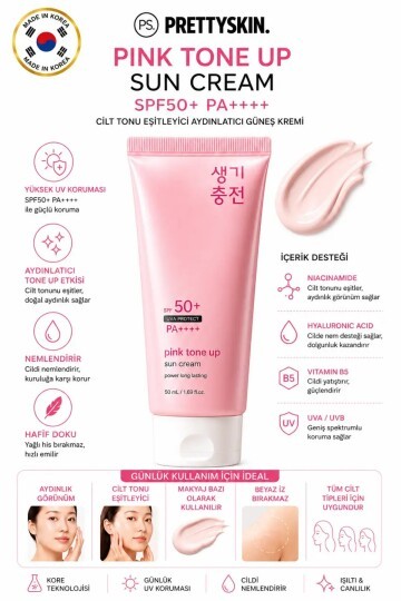 PS PRETTYSKIN Pink Tone Up Sun Cream SPF50+ PA++++ Kore Güneş Kremi Cilt Tonu Eşitleyici Aydınlatıcı 50 ml